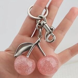 Pink Sparkling Resin and Silver Metal Cherry Keychain Bag Charm for Purse